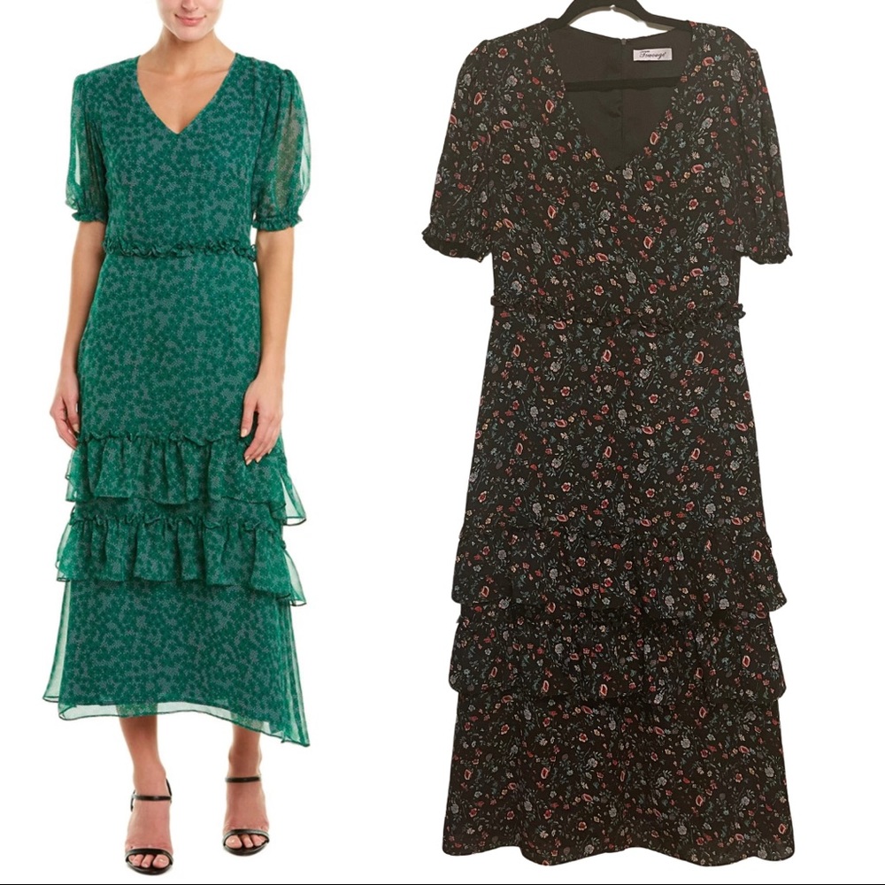 Towowge Black Floral Short Sleeve Ruffle Midi Dress Size Medium